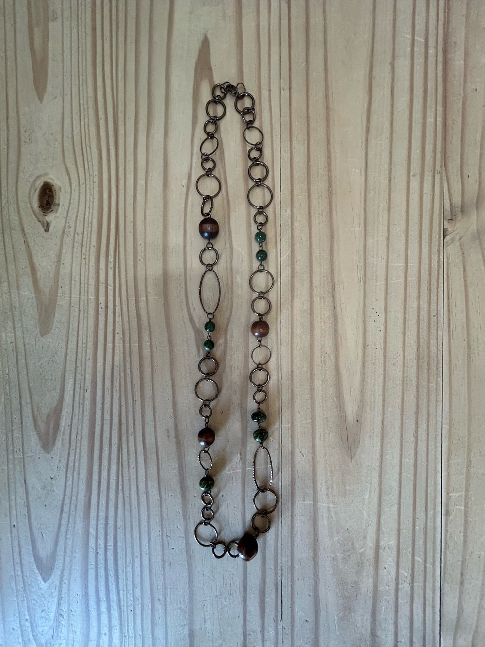 Long Beaded Chain Necklace in Brown and Green